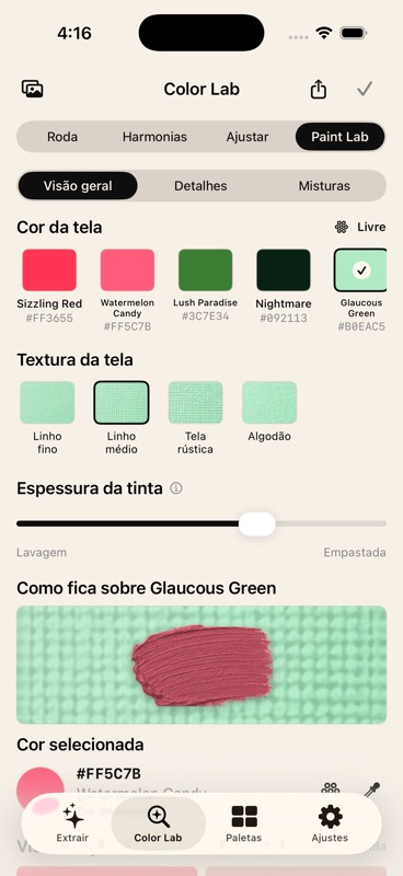 Paint Lab do Artist Lab mostrando cor da tela, textura, espessura da tinta e pincelada sobre fundo verde.