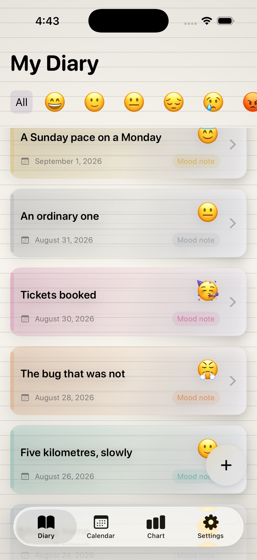 MyMood — the diary list, filtered by mood