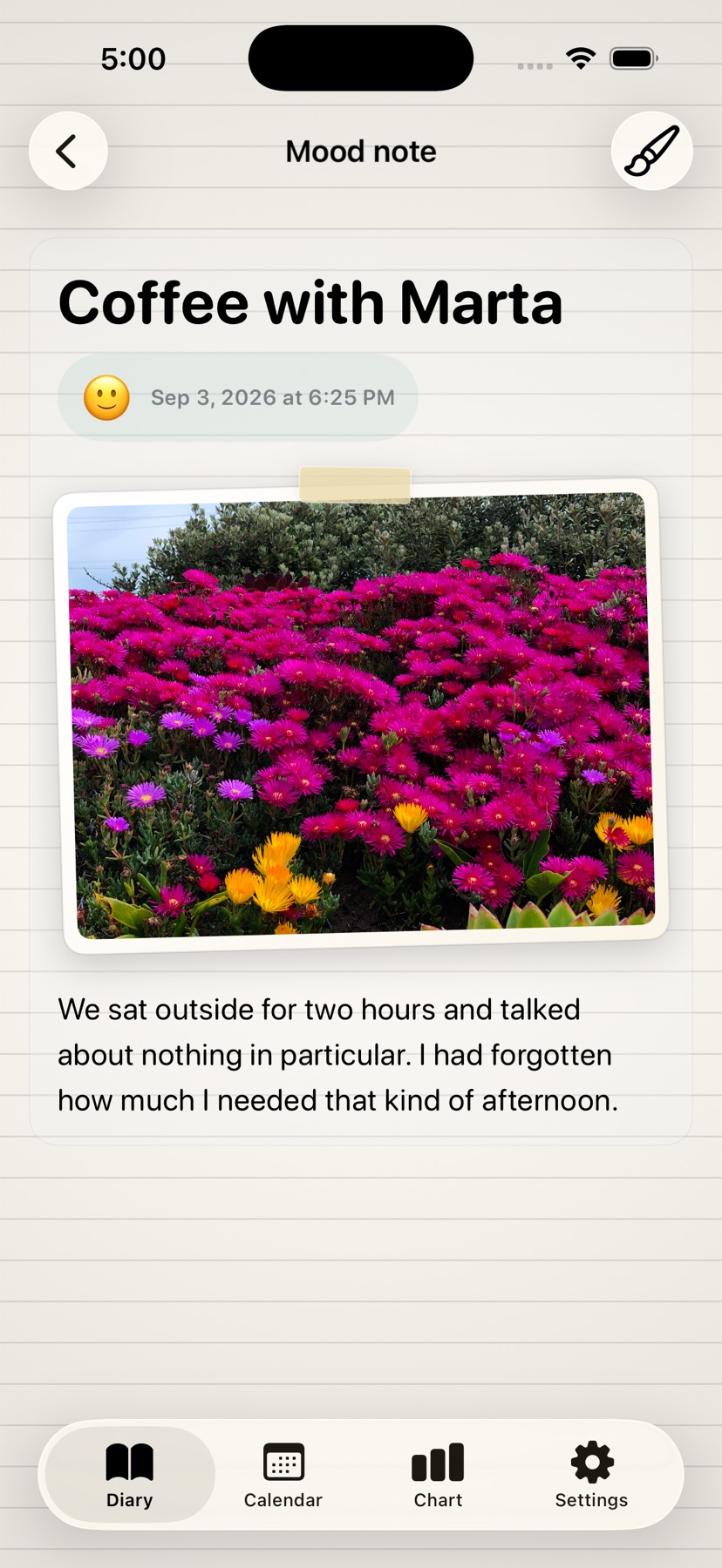 MyMood — a finished journal entry with a photo