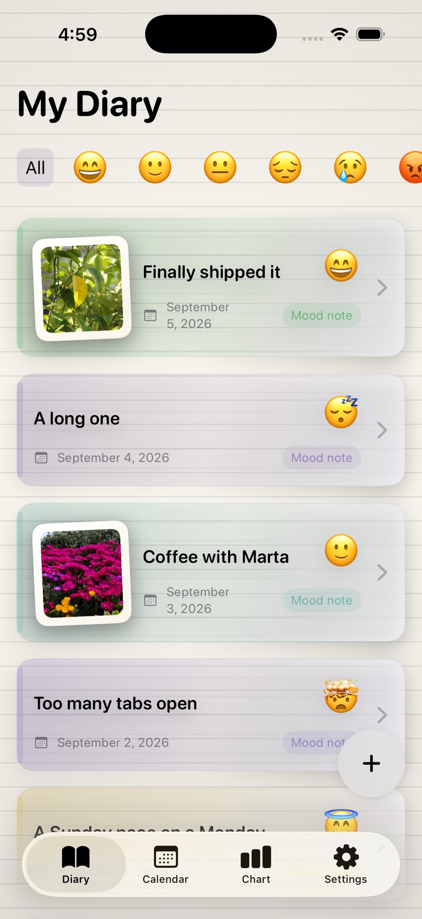 MyMood — the diary, with entries filtered by mood