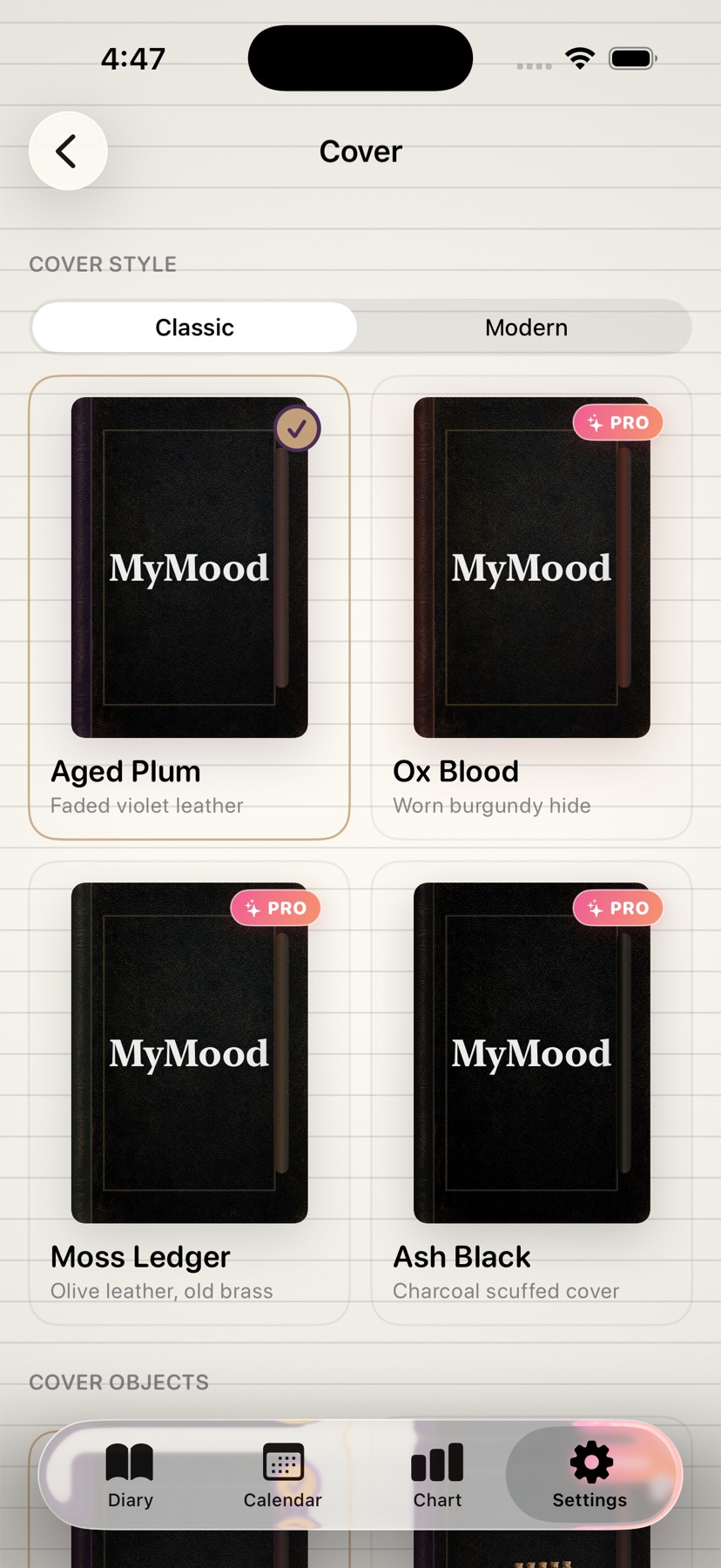 MyMood — choosing a cover, paper and ruling in Diary Style