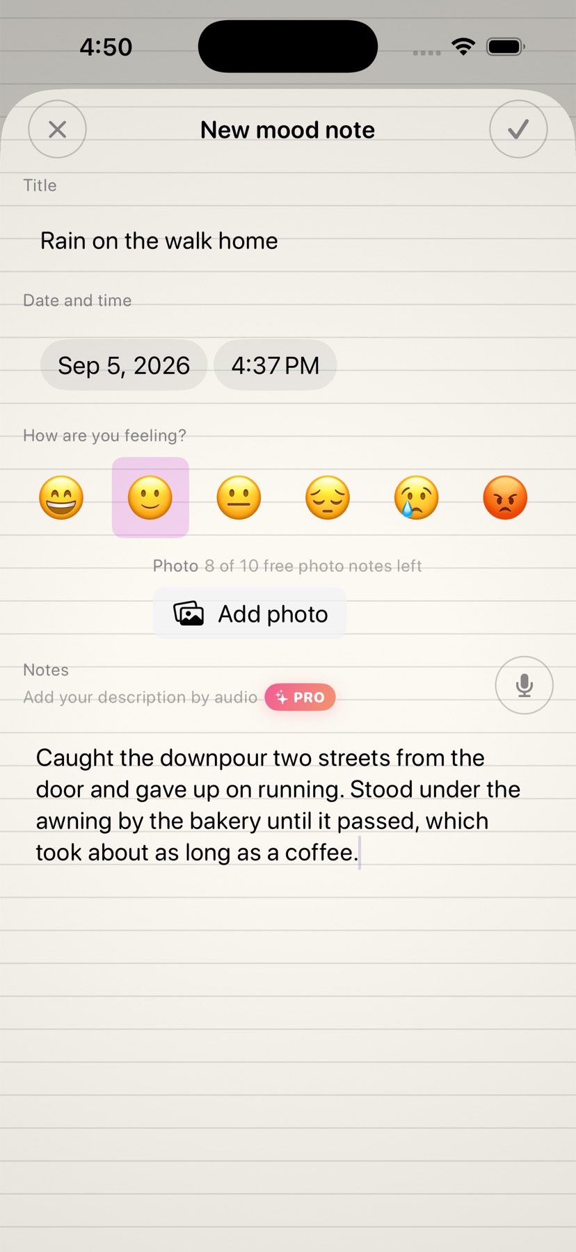 MyMood — writing a new mood note with a mood, a title and a photo
